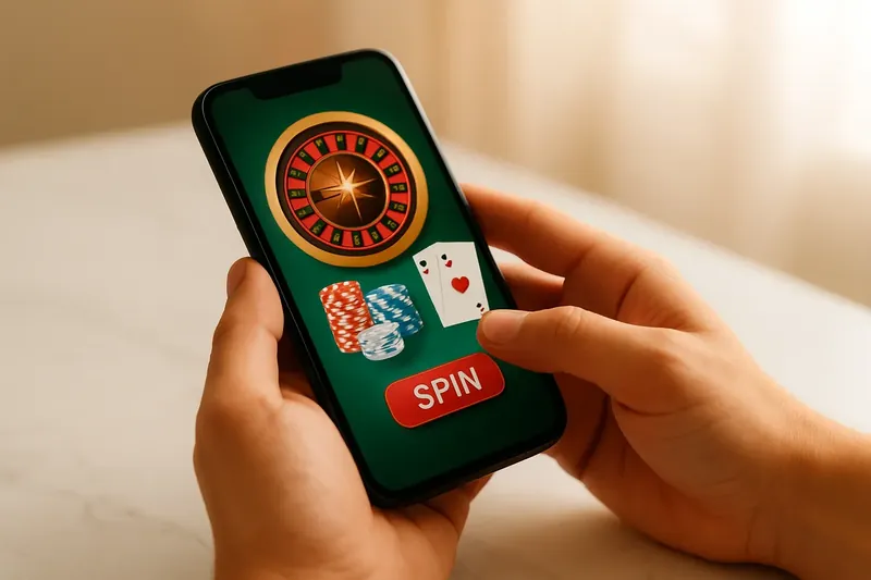Close-up hands holding smartphone with casino app on marble surface