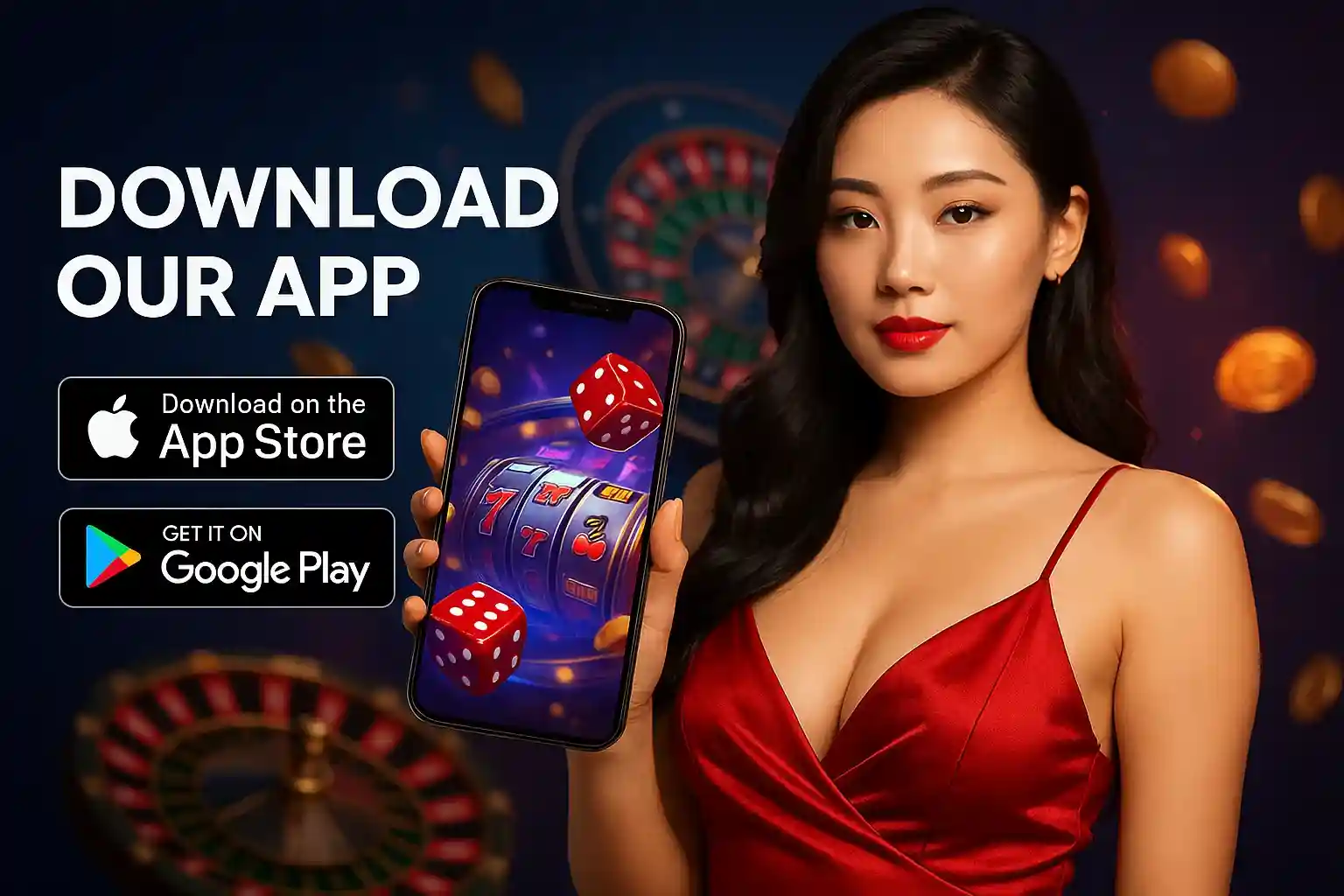 Modern smartphone displaying sleek casino app games and bonuses on white background