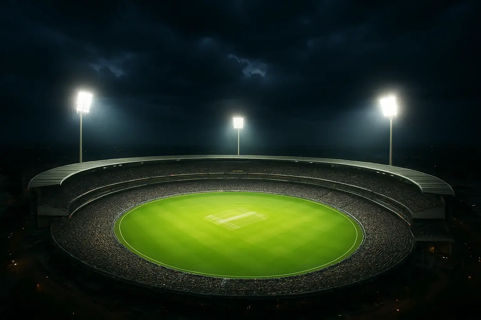 Aerial night view of cricket stadium with floodlights and vibrant green pitch