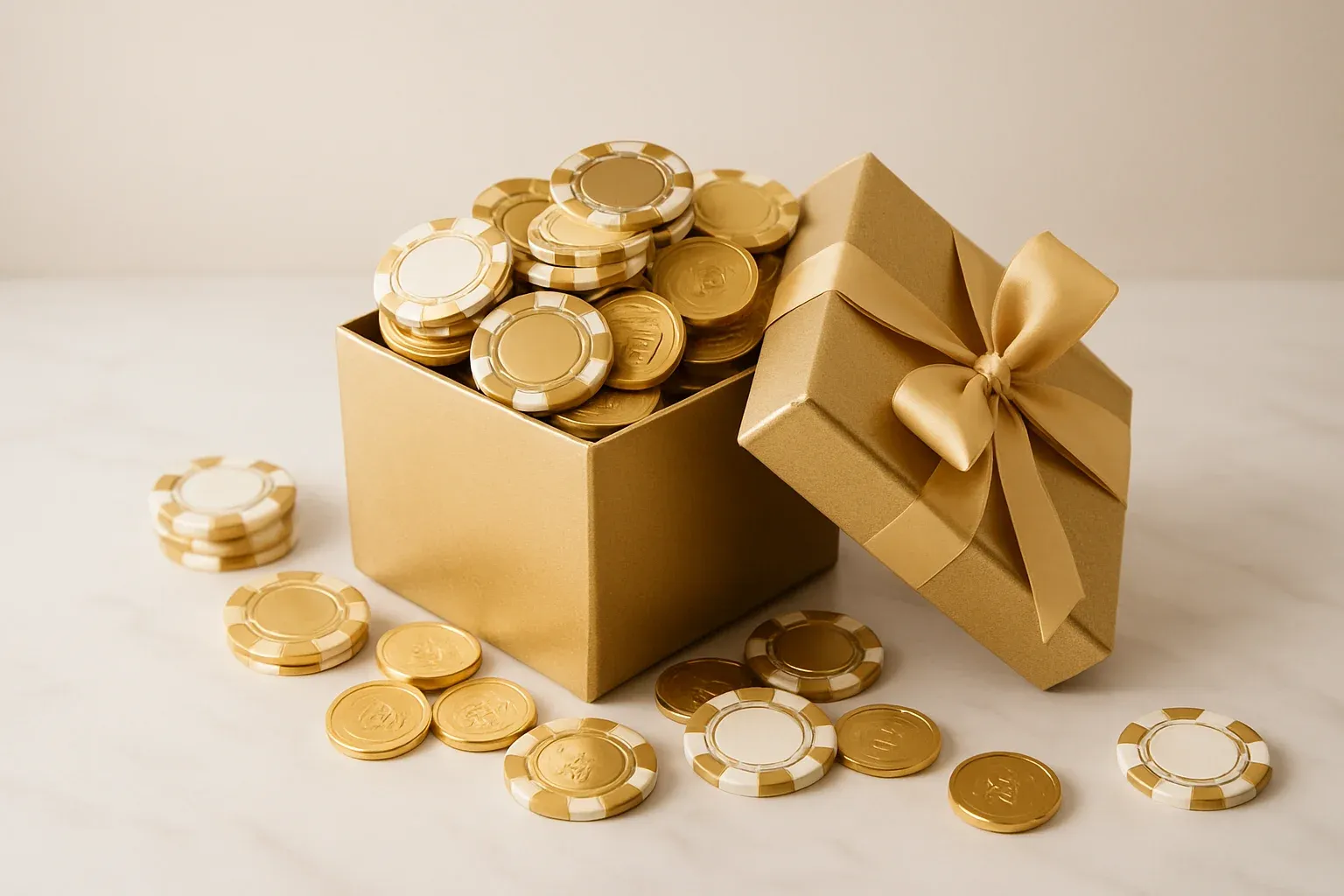 Golden gift box overflowing with poker chips and gold coins
