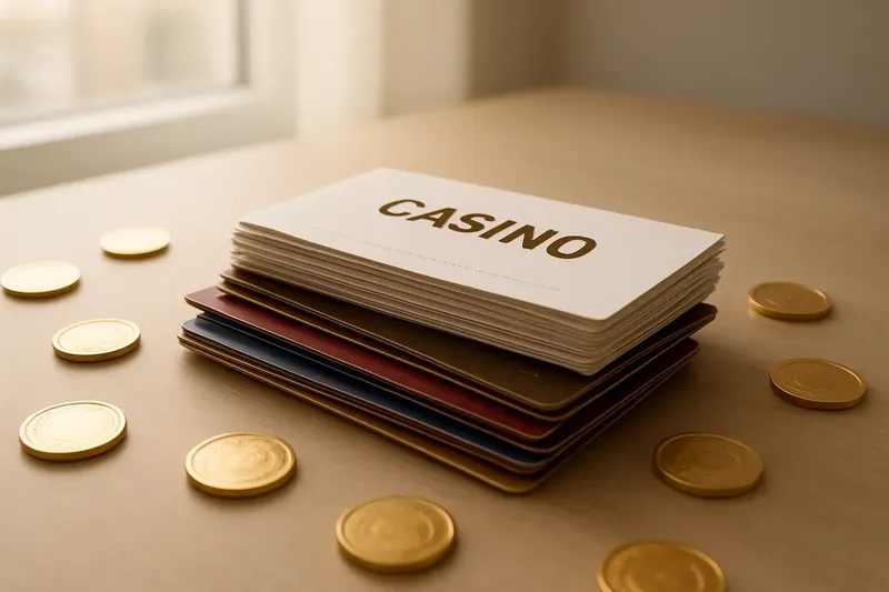 Stack of casino bonus vouchers and reward cards with scattered gold coins