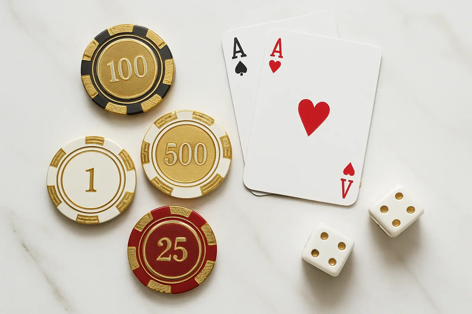 Elegant casino chips, cards, and dice on white marble with gold accents
