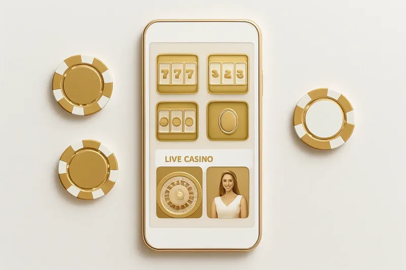 Mobile phone displaying casino app with slots and live games on bright background