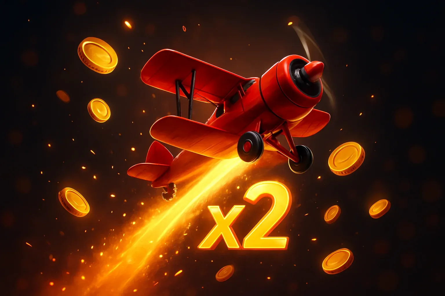Red airplane climbing with glowing multiplier trail, coins, sparks, neon accents