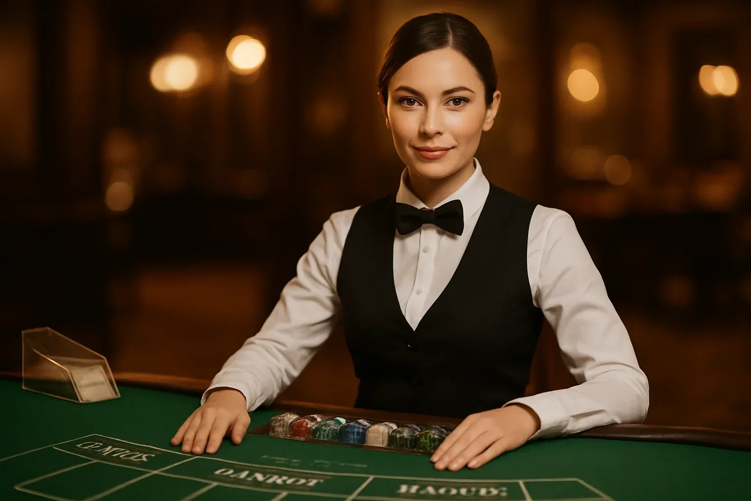Elegant live dealer baccarat table with professional female dealer and green felt