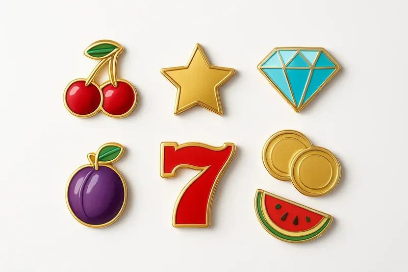 Assorted slot game icons with fruit, diamonds, lucky 7s, and stars