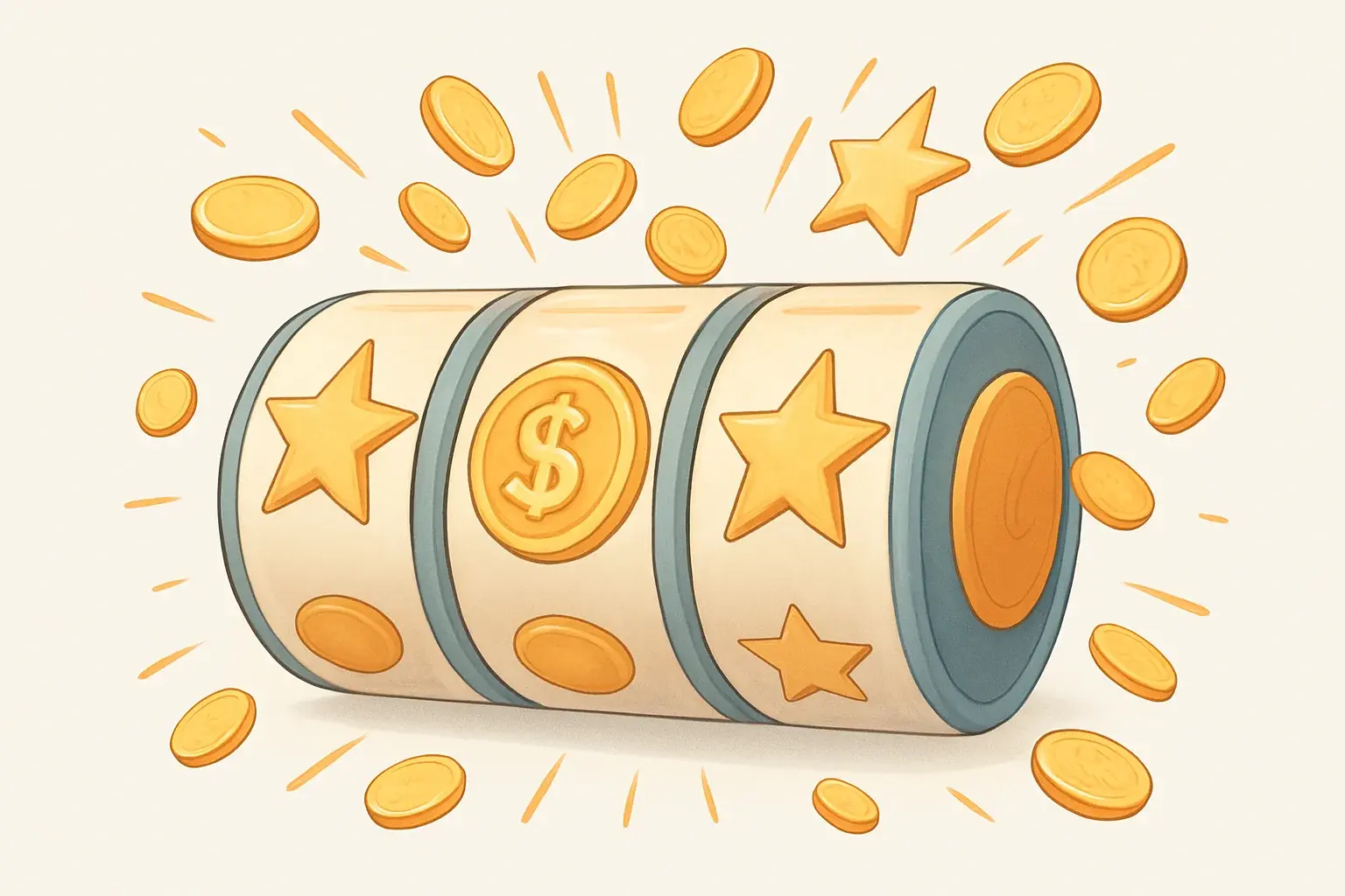 Colorful slot machine reels with gold symbols, coins, and stars bursting